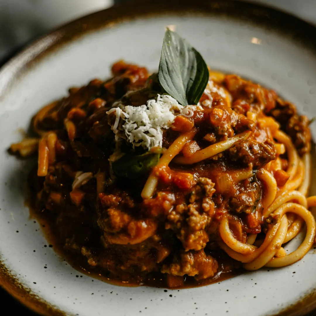 Pasta with rich tomato and meat sauce