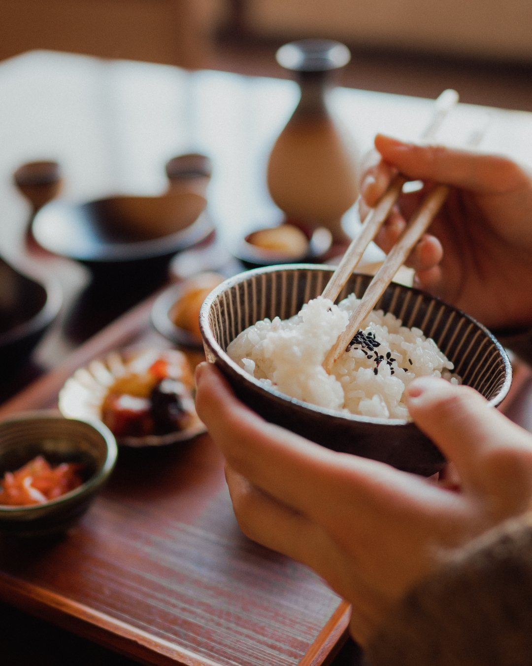 Hands holding a bowl of rice with chopsticks